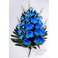 Puokštė rožių su frezijomis plokščia, mėlyna sp., G1980